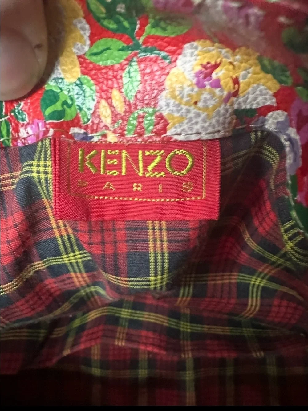 Kenzo Paris Floral Leather Backpack Vintage Drawstring Duffle Bag Tartan Lined